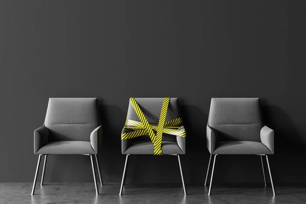 View of three gray chairs standing in public place with grey walls. Middle one is covered with barrier tape. Concept of social distancing and covid 19 lockdown easing. 3d rendering