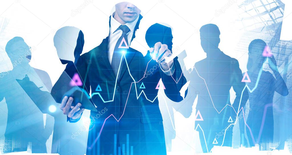 Unrecognizable businessman drawing digital graph in blurry city with double exposure of his diverse team. Concept of stock market and leadership. Toned image