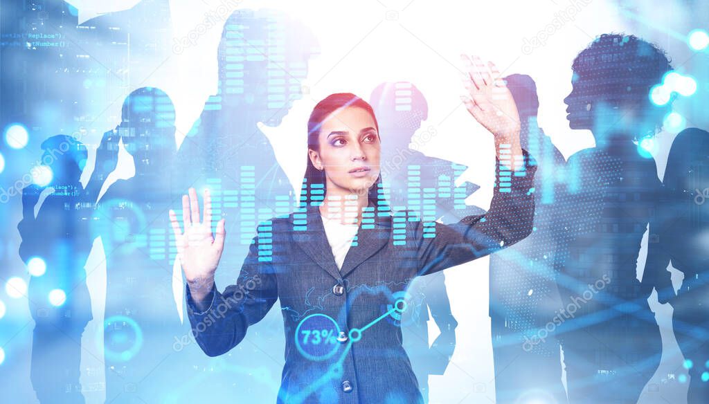 Young businesswoman using digital graph in blurry city with double exposure of her diverse team. Concept of stock market and leadership. Toned image. Elements of this image furnished by NASA