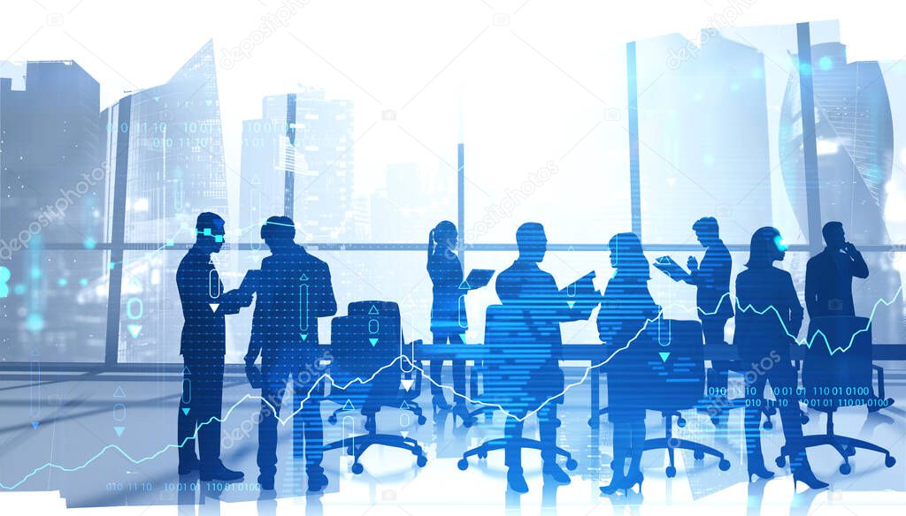 Silhouettes of business people working in blurry panoramic meeting room with double exposure of financial chart. Concept of market analysis and teamwork. Toned image