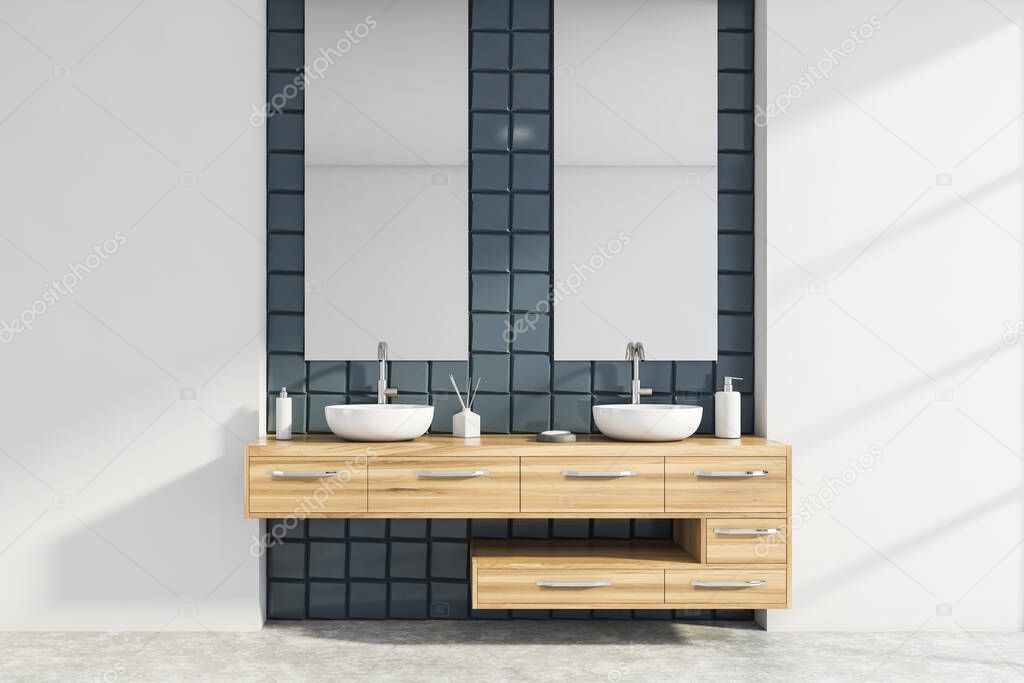 Interior of modern bathroom with white and gray tile walls, concrete floor, comfortable double sink standing on wooden countertop and two mirrors. 3d rendering
