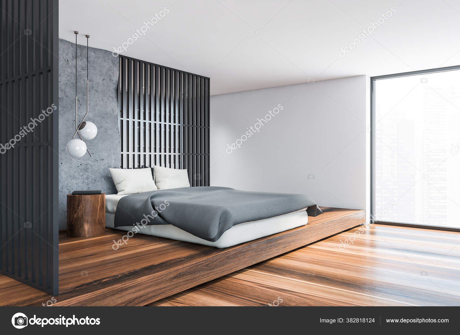Corner Stylish Loft Bedroom Gray White Walls Dark Wooden Floor
