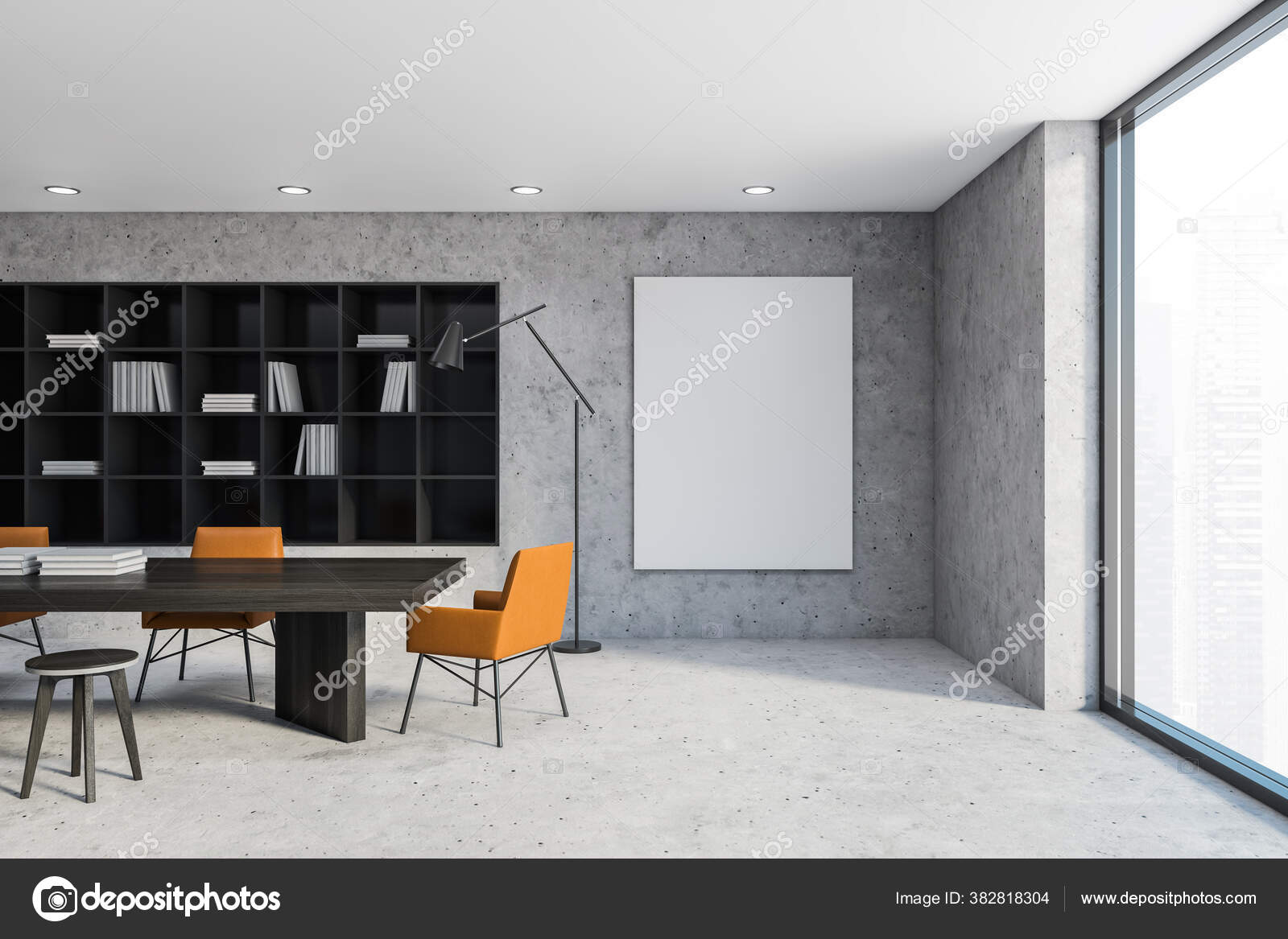 Interior Biblioteca Oficina Loft Con Paredes Piedra Suelo Librería Negra —  Foto de stock #382818304 © denisismagilov, image size:1600x1167