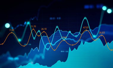 Bulanık koyu mavi arkaplan üzerinde dijital finansal grafik. Borsa ve yatırım kavramı. 3d rengarenk resim çift pozlama