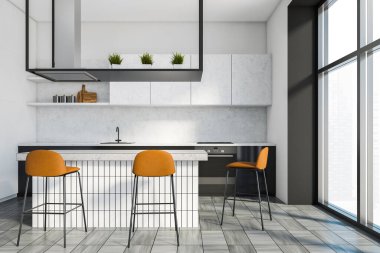 Beyaz ve siyah duvarlı şık bir mutfak, ahşap zemin, siyah tezgah, beyaz dolaplar ve turuncu tabureli bir bar. Bulanık şehir manzaralı bir pencere. 3d oluşturma