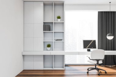 Beyaz duvarları, koyu ahşap zemini, rahat beyaz kitaplığı ve bulanık şehir manzaralı pencerenin yanında duran bilgisayar masası olan şık, minimalist ev ofisinin ön görüntüsü. 3d oluşturma