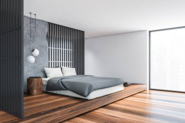 Gri ve beyaz duvarları olan şık bir çatı katı odası, koyu ahşap zemin, rahat kral yatağı, yatağın yanında yuvarlak masa ve bulanık şehir manzaralı büyük bir pencere. 3d oluşturma