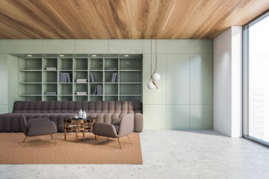 Yeşil duvarları, beton zemini, kahverengi kanepesi ve yuvarlak sehpa ve kitaplığın yanında duran koltukları olan panoramik oturma odasının içi. Bulanık şehir manzarası. 3d oluşturma