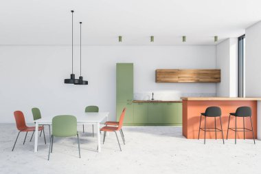 Modern mutfak, beyaz duvarlar, taş zemin, yeşil tezgah, ahşap dolaplar, tabureli turuncu bar ve yemek masası. 3d oluşturma