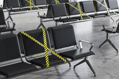 Sıralı koltukları olan tren istasyonunun içi. Bazıları bariyer bantlarıyla kaplı. Sosyal uzaklık kavramı ve kovid 19 tecrit kısıtlaması gevşetiyor. 3d oluşturma