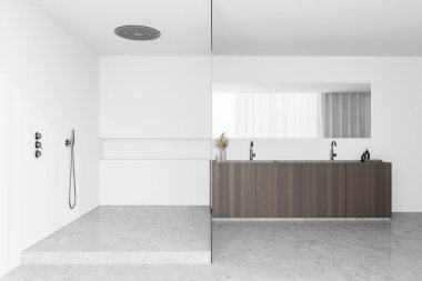 Beyaz duvarları, beton zemini, büyük duş kabini ve yatay aynalı ahşap çift lavabo olan geniş banyonun içi. 3d oluşturma