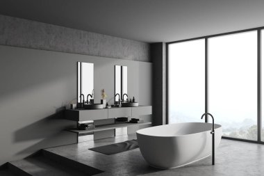 Gri ve taş duvarlı panoramik banyonun köşesi, taş zemin, rahat banyo küveti, gri tezgahların üzerinde çift lavabo ve bulanık dağ manzaralı pencere. 3d oluşturma