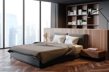 Modern panoramik ana yatak odasının köşesi gri duvarlar, ahşap zemin, rahat kral yatağı, kitaplık ve bulanık şehir manzaralı pencere. 3d oluşturma