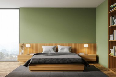 Modern yatak odasının içinde yeşil duvarlar, ahşap zemin, rahat kral yatağı, kitaplıkta ve pencerelerde bulanık dağ manzaralı. 3d oluşturma