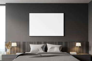 Gri duvarlı şık bir yatak odası, rahat bir kral yatağı, yatay model poster çerçevesi ve bulanık dağ manzaralı bir pencere. 3d oluşturma