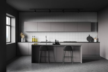 Gri ve beyaz fayanslı duvarları, beton zemini, gri tezgahları, dolapları ve tabureli barları olan şık bir mutfak. 3d oluşturma