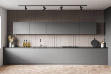 Beyaz ve bej kiremit duvarlı modern mutfağın içi, ahşap zemin, gri dolaplar ve mutfak tezgahları, fırın ve lavabodan yapılmış. 3d oluşturma