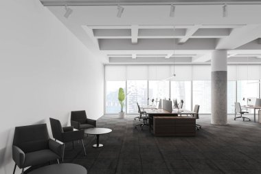 Beyaz duvarlı, halı döşeli, ahşap bilgisayar masaları ve koltuklu oturma odası olan panoramik açık uzay ofisinin içini. Bulanık şehir manzarası. 3d oluşturma