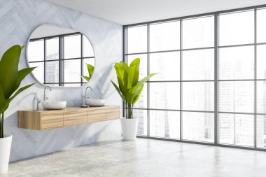 Mavi ahşap duvarları olan şık banyonun köşesi, beton zemin, oval aynalı çift katlı lavabo ahşap dolapta duruyor ve bulanık şehir manzaralı panoramik pencere. 3d oluşturma