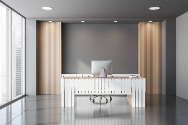 Gri ve ahşap duvarları, fayanslı zemini ve orijinal bilgisayar masası olan minimalist CEO ofisinin içi. Yönetim kavramı. Bulanık şehir manzaralı bir pencere. 3d oluşturma