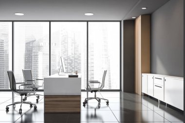 Gri ve ahşap duvarları, fayanslı zemini ve orijinal bilgisayar masası olan minimalist CEO ofisinin yan görüntüsü. Yönetim kavramı. Bulanık şehir manzaralı bir pencere. 3d oluşturma
