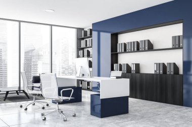 Beyaz duvarları, fayanslı zemini, ziyaretçiler için sandalyeleri ve klasörleri olan kitaplıkları olan şık CEO ofisinin köşesi. Bulanık şehir manzaralı bir pencere. 3d oluşturma