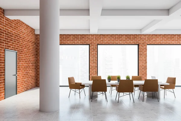 Side View Modern Loft Office Brick Walls Tiled Floor Long — Stock Photo, Image