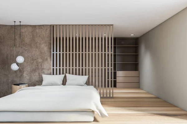 Interior Quarto Loft Moderno Com Paredes Bege Cinza Piso Madeira — Fotografia de Stock