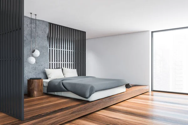 带有灰白色墙壁 深色木地板 舒适的王床 圆形床头柜和有模糊城市景观的大窗户的时尚阁楼卧室角落 3D渲染 — 图库照片