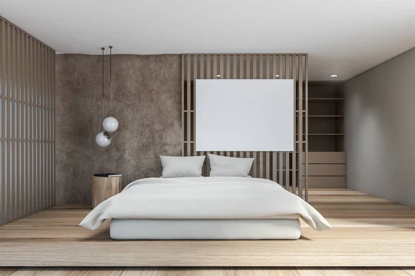 Interior Modern Loft Bedroom Beige Gray Walls Wooden Floor Comfortable — Stock Photo, Image