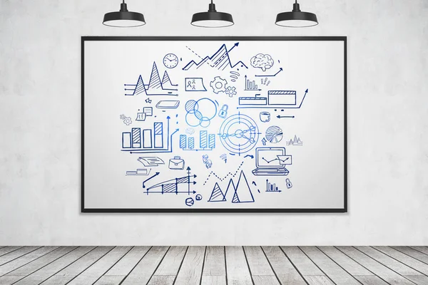 Kreative Businessplan Skizze Auf Whiteboard Raum Mit Betonwänden Und Holzboden — Stockfoto