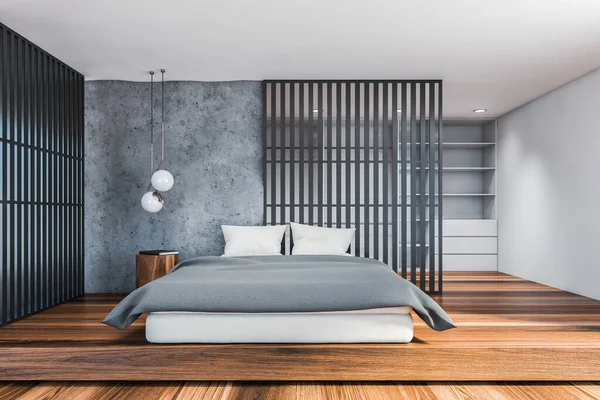 Front View Stylish Loft Bedroom Gray White Walls Dark Wooden — Stock Photo, Image