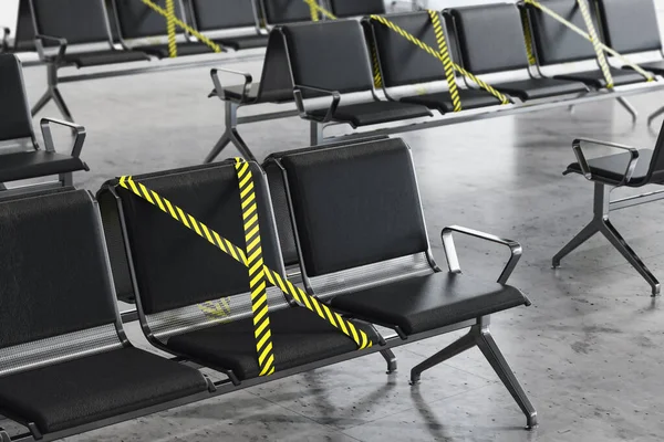 Interior of train station with rows of seats. Some of them are covered with barrier tape. Concept of social distancing and covid 19 lockdown restrictions easing. 3d rendering