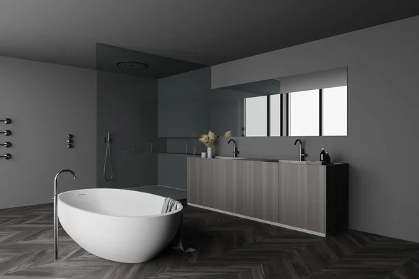 Interior Elegante Cuarto Baño Con Paredes Color Gris Oscuro Suelo — Foto de Stock