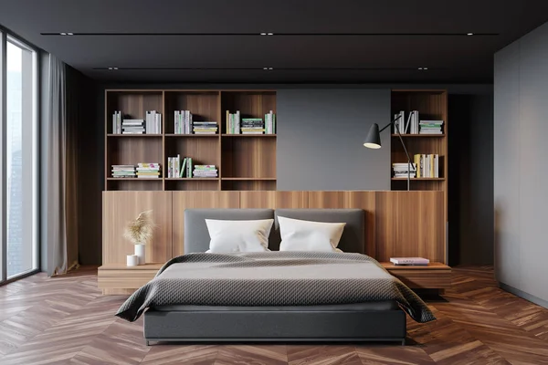 Interieur Van Een Panoramische Master Bedroom Met Grijze Muren Houten — Stockfoto