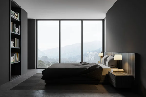 Side View Stylish Master Bedroom Gray Walls Concrete Floor Comfortable — Stock Photo, Image