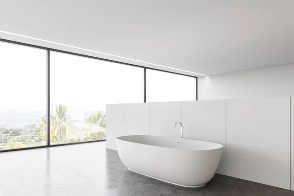 现代浴室角落 白色墙壁 混凝土地面 舒适的浴缸和全景窗 热带景色模糊 3D渲染 — 图库照片