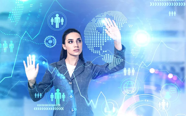 Beautiful Young European Woman Elegant Suit Working Futuristic Immersive Business — Stock Photo, Image