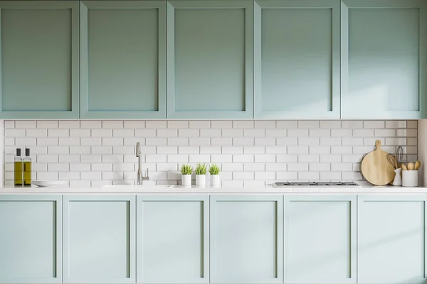 Interior Cozinha Elegante Com Paredes Tijolo Branco Armários Azuis Bancadas — Fotografia de Stock