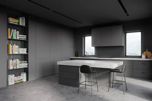 Corner of stylish kitchen with gray and tiled walls, concrete floor, countertops, bookcase, bar with stools and windows with blurry mountain view. 3d rendering