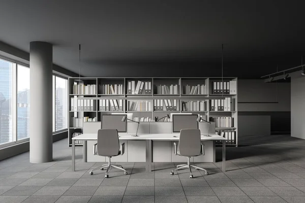 Moderner Arbeitsplatz Stilvollem Großraumbüro Mit Grauen Wänden Teppichboden Reihen Weißer — Stockfoto
