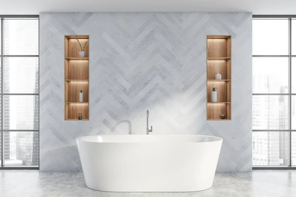 Interior Casa Banho Elegante Com Paredes Madeira Azul Piso Concreto — Fotografia de Stock