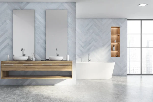 Interno Elegante Bagno Con Pareti Legno Blu Pavimento Cemento Doppio — Foto Stock