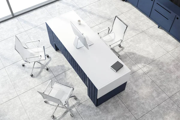 Top view of minimalistic CEO office with wooden walls, tiled floor and original blue computer desk. Concept of management. 3d rendering