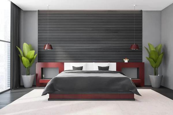 Interior Modern Master Bedroom Gray Wooden Walls Concrete Floor Comfortable — Stock Photo, Image