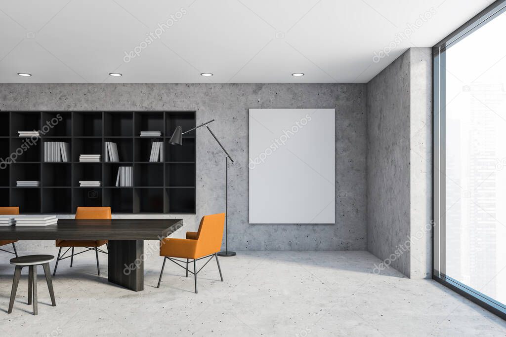 Interior of loft office library with stone walls and floor, black bookcase and long wooden table with orange armchairs. Vertical mock up poster. 3d rendering