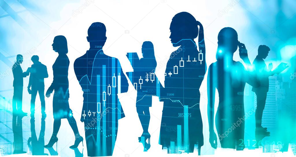 Silhouettes of business people working together over blurry cityscape background with double exposure of financial chart interface. Concept of trading and market analysis. Toned image