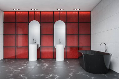 Lüks banyo, beyaz ve kırmızı fayanslı duvarlar, siyah mermer zemin, rahat çift lavabo, iki ayna ve küvet. 3d oluşturma