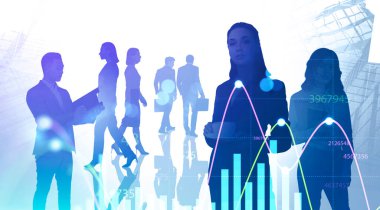 Borsa ve takım çalışması kavramı. Muhtelif iş adamlarının siluetleri bulanık ve soyut bir şehirde birlikte çalışarak finansal tabloları iki katına çıkarıyor. Tonu ayarlanmış resim