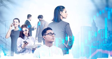 Ortaklık ve borsa kavramı. Bulanık, soyut bir şehirde, dijital grafiği iki kez gösteren çeşitli iş adamları birlikte çalışıyor. Tonu ayarlanmış resim